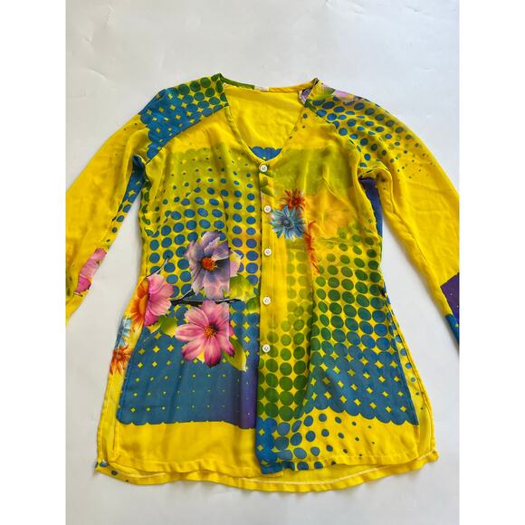 READ Kim Lai Silk Floral Sheer Button Down Long Sleeve Blouse Womens XS Small - Picture 8 of 16